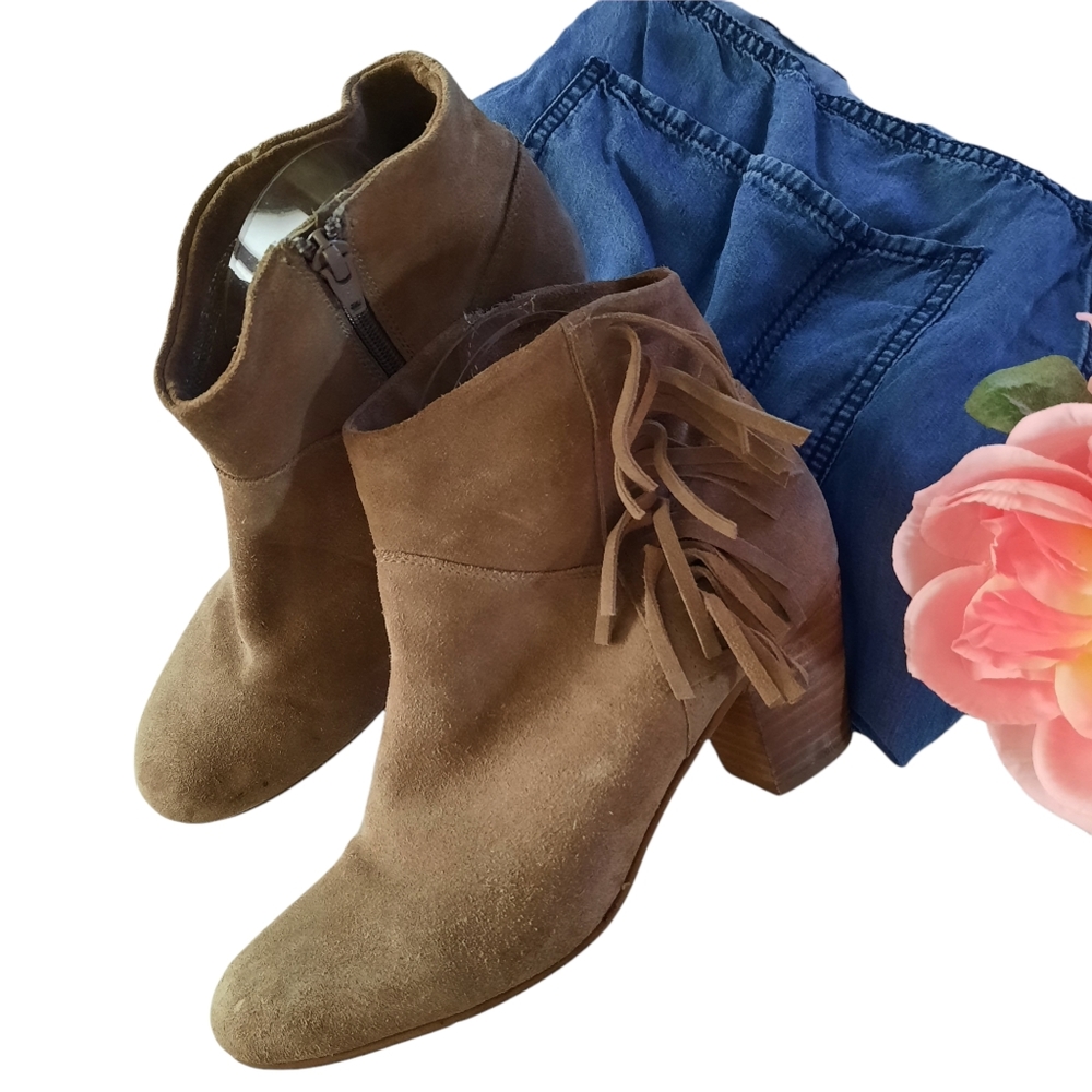 Diba Suede Leather Fringe Tan Booties - Picture 2 of 11